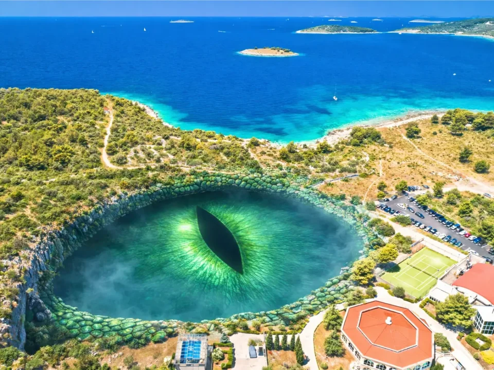 Zmajeovo oko jezereo u Rogoznici pogled sa visine, AI ubačen efekat pravog zmajevog oka