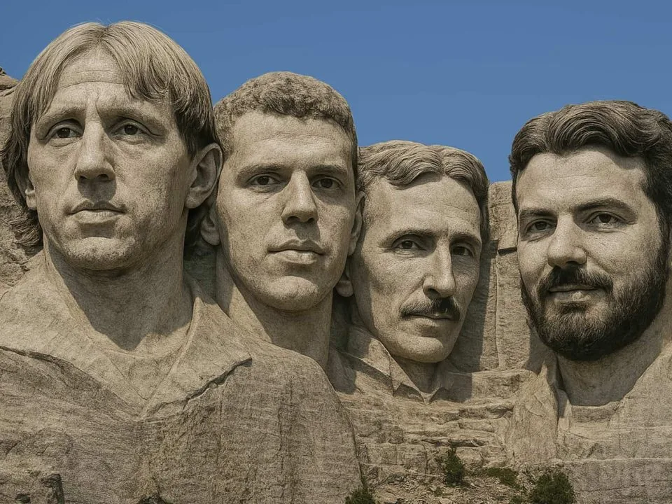 AI generirana fotografija stijene Mount Rushmore s urezanim licima poznatih Hrvata umjesto američkih predsjednika. Prikazani su Luka Modrić, Dražen Petrović, Nikola Tesla i Mate Rimac, s plavim nebom u pozadini.
