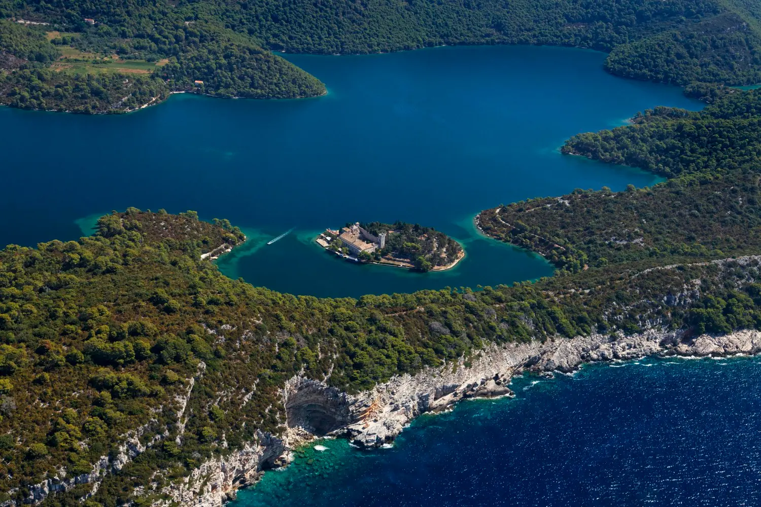 The Great Lake on Mljet with the Islet of St. Mary and its monastery.