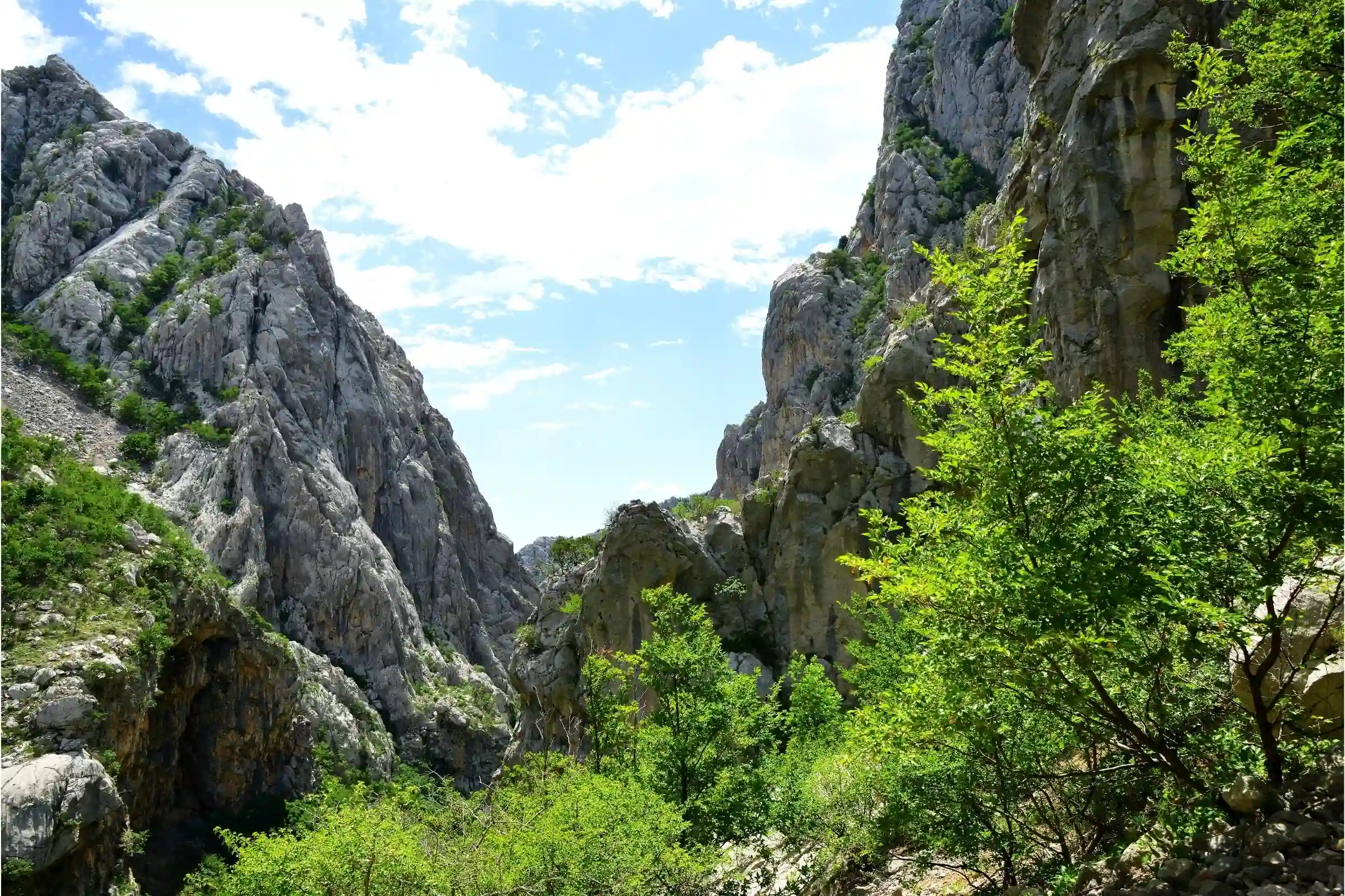 Paklenica Canyon with high cliffs and greenery along the trail.