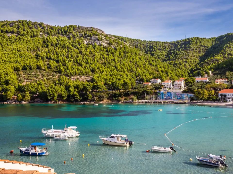 Pogled na zelenilo i tirkiznnu boju mora na Pelešc