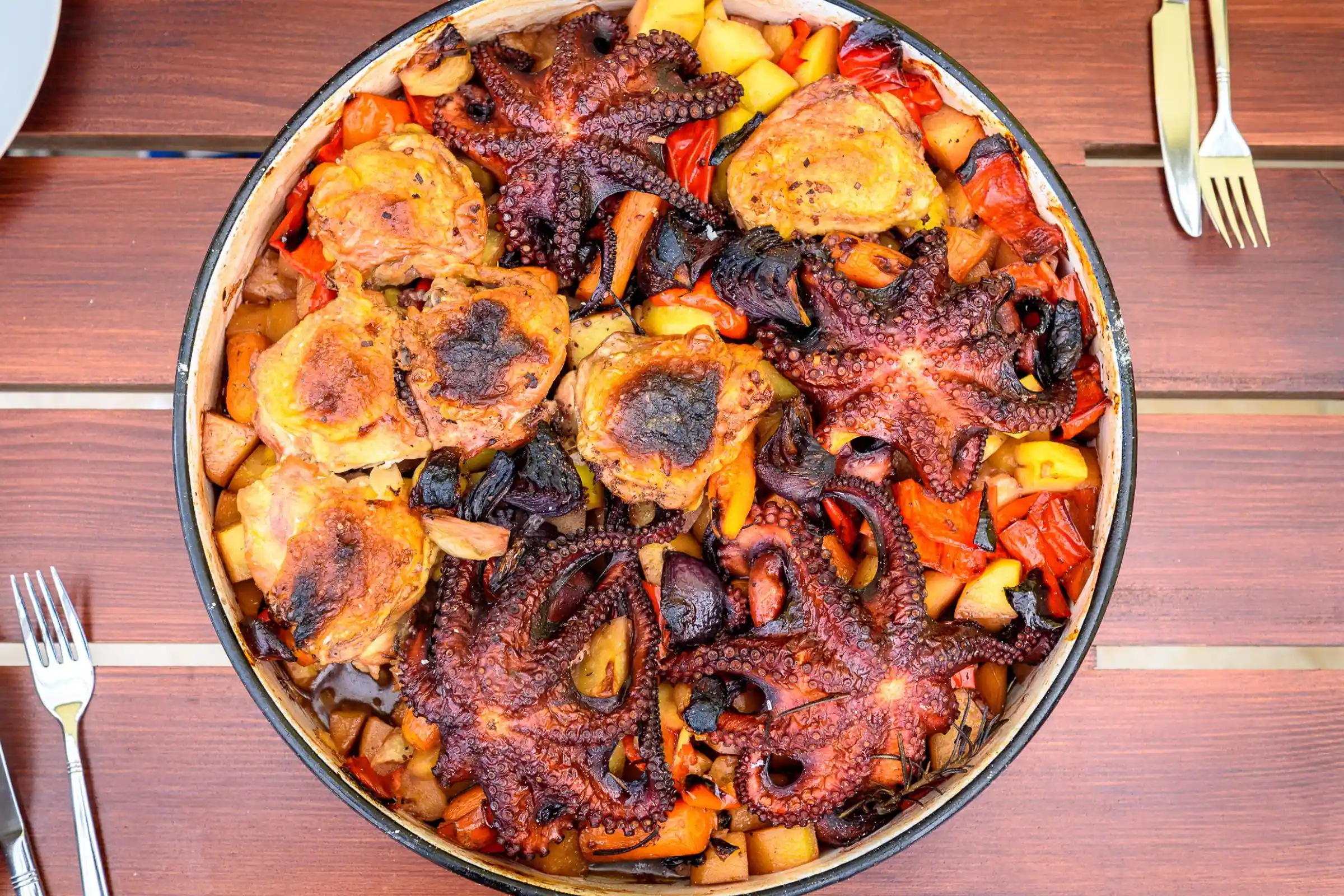 Tradicionalna dalmatinska hobotnica izpod peke s krompirjem in zelenjavo v keramični posodi na leseni mizi.