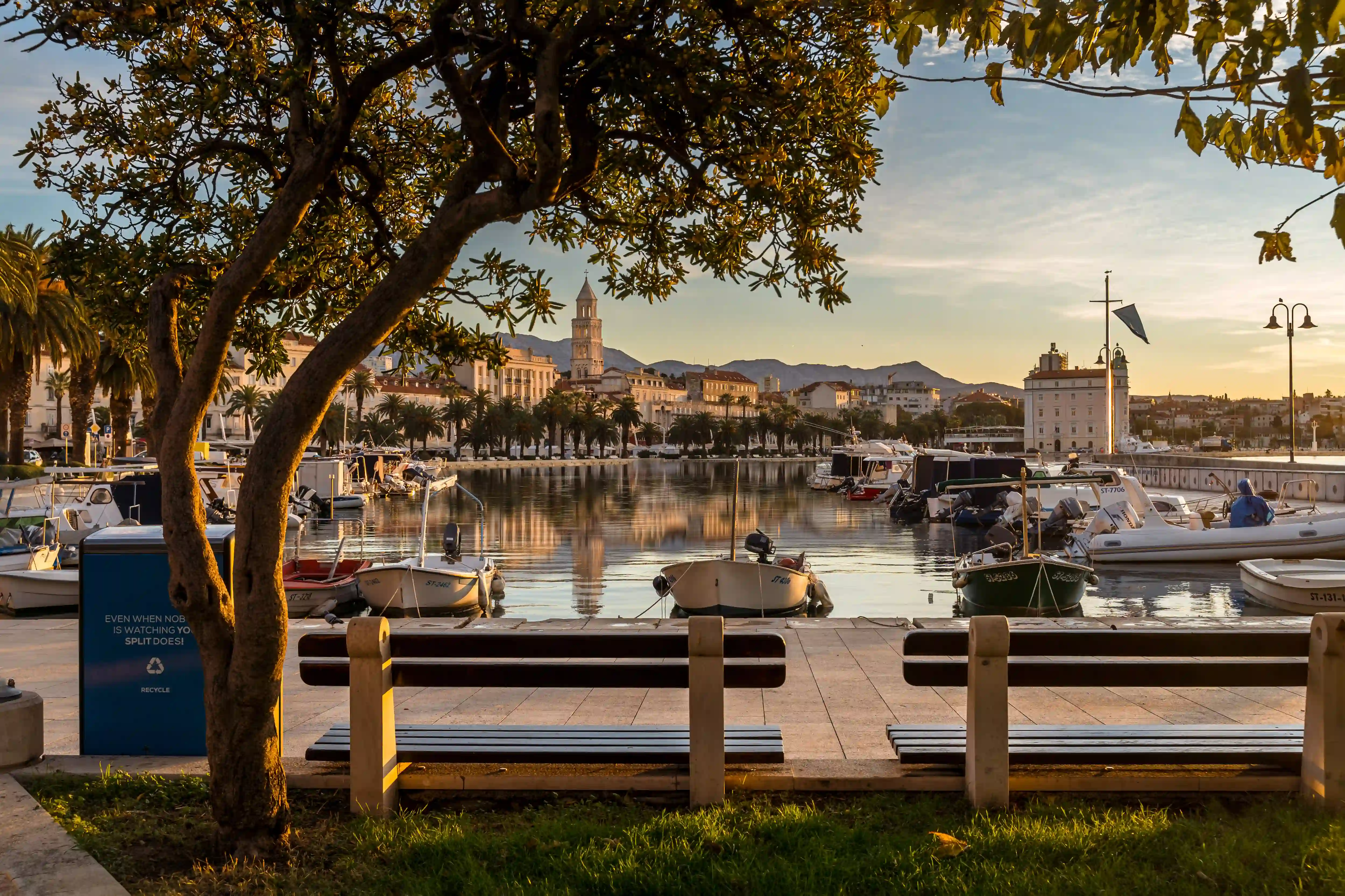Things to do in Split, Croatia – the Riva waterfront promenade and Diocletian's Palace bell tower